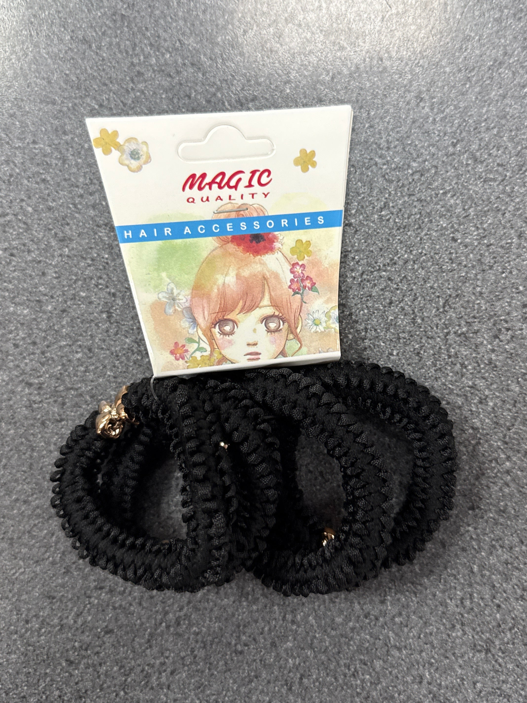 Hair Pony Thick 6pc Black + Gold Bow